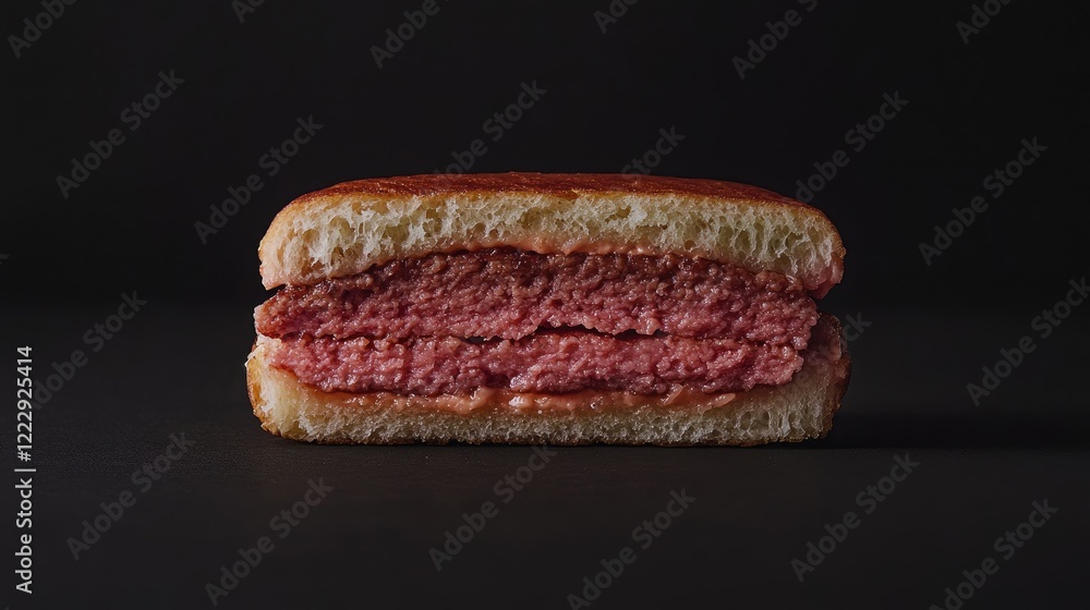 Aufkleber Close up of a fresh juicy hamburger sliced in half on a dark background showcasing the meat texture with space for text or branding.