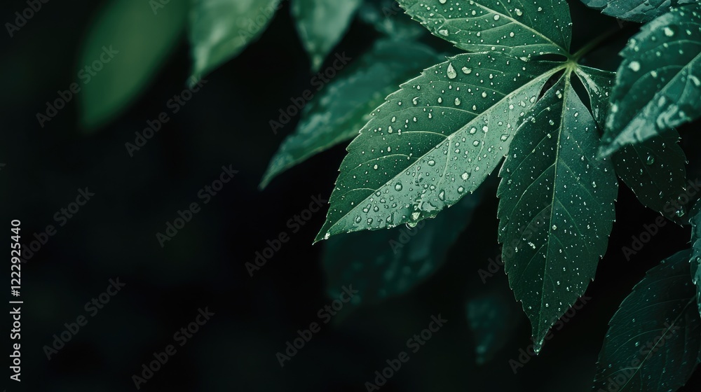 Poster close up of fresh green leaves covered in water droplets against a blurred dark background with spac