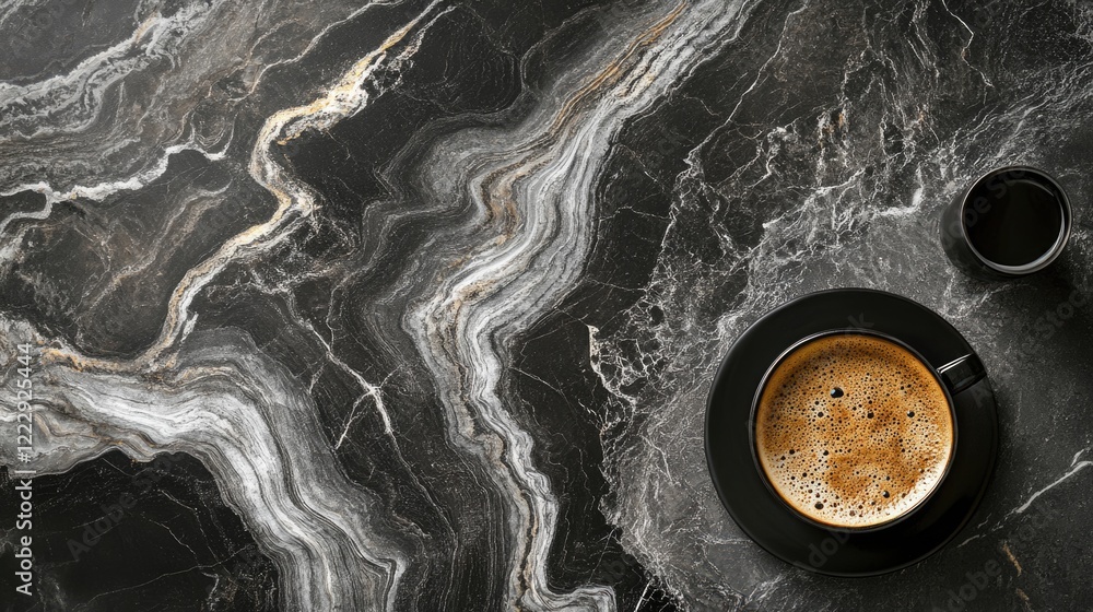 Poster elegant marble tabletop with coffee cup and laptop showcasing a modern workspace with ample space fo