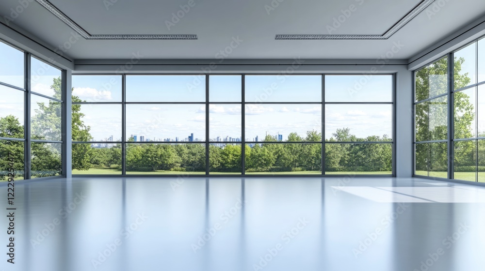 Poster modern empty office space with panoramic windows showcasing city skyline and greenery ideal for text