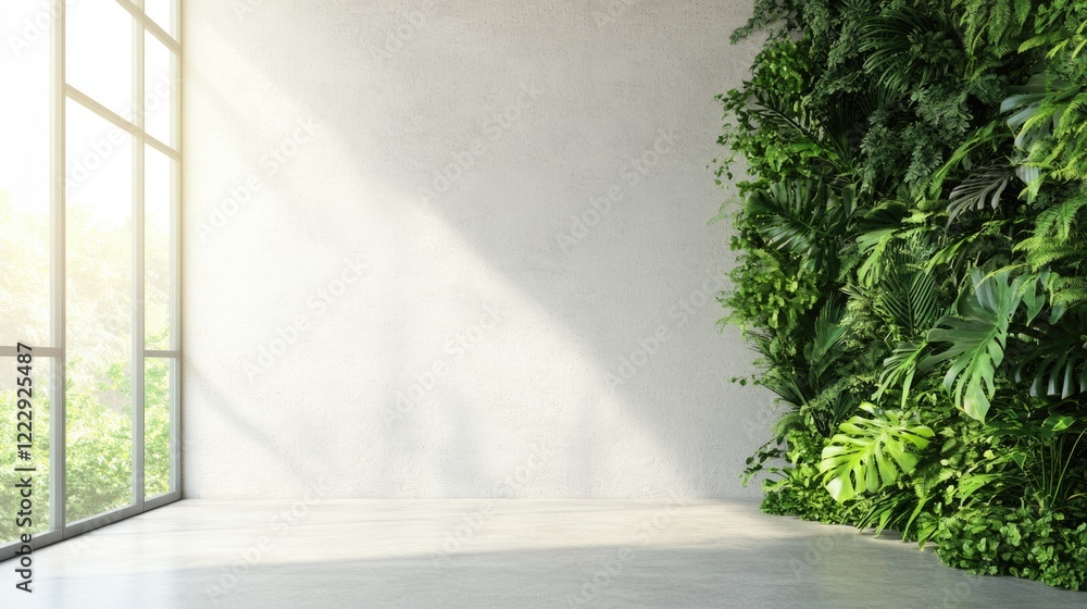 Poster bright modern office with greenery and spacious empty wall suitable for text placement and creative 