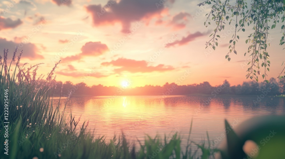 Leinwandbilder serene sunset reflection on tranquil lake with lush greenery and empty space for text or messages