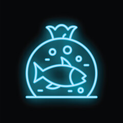 Blue neon sign of a fish swimming in a round aquarium, with air bubbles, on a black background