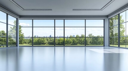 Modern empty office space with panoramic windows showcasing city skyline and greenery ideal for text placement and corporate visuals