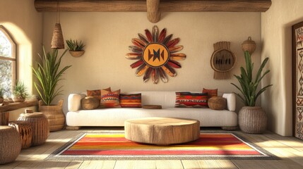 Modern Native American Inspired Living Room with Earthy Tones and Minimalist Decor Featuring Space for Custom Text