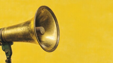 Close up of a vintage megaphone on a bright yellow background ideal for marketing concepts with space for customization and text addition