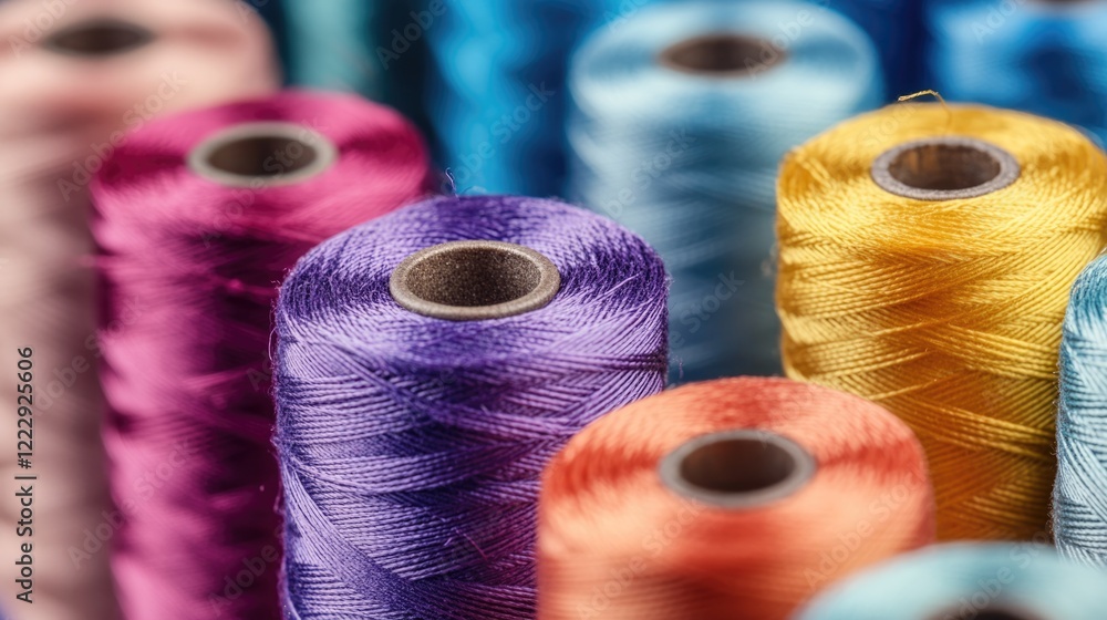 Poster Vibrant spools of thread arranged in a row showcasing various colors on a sewing machine with space for text and design inspiration.