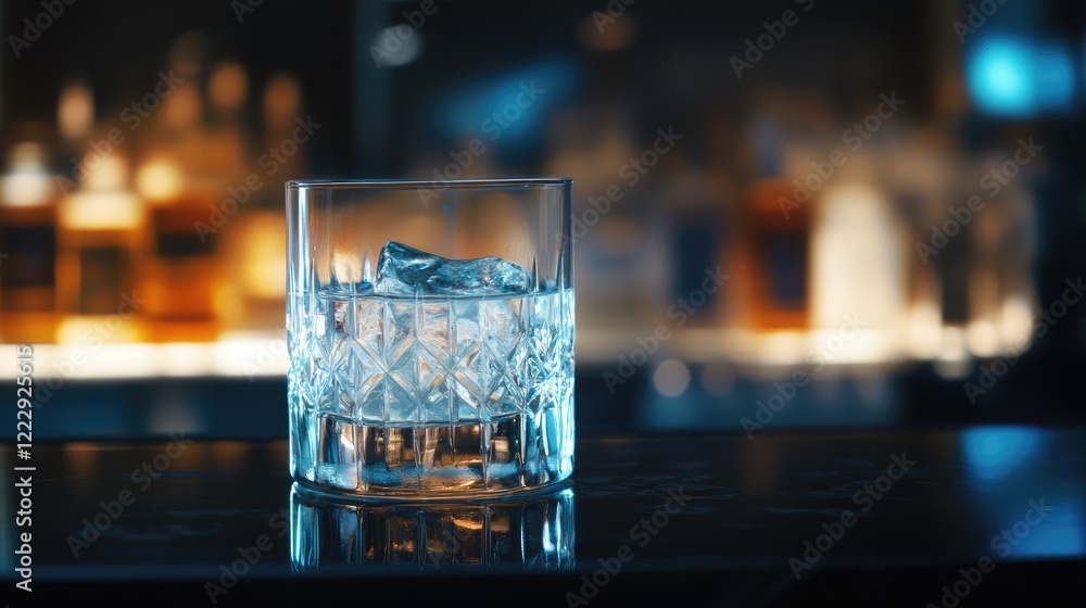 Poster close up of a stylish cocktail glass with ice on a bar counter against a blurred background ideal fo