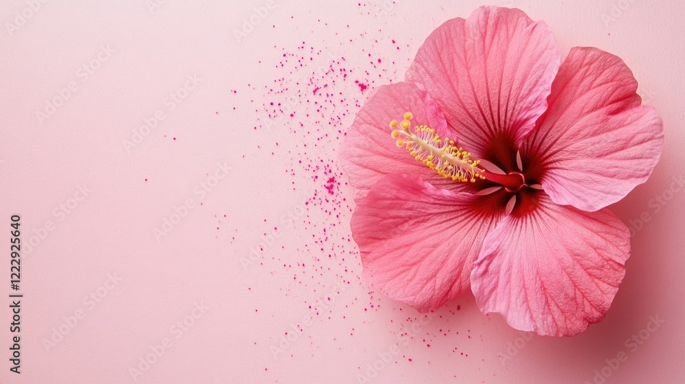 Poster Hibiscus flower close up on soft pink background with decorative specks and ample space for custom text or messaging.