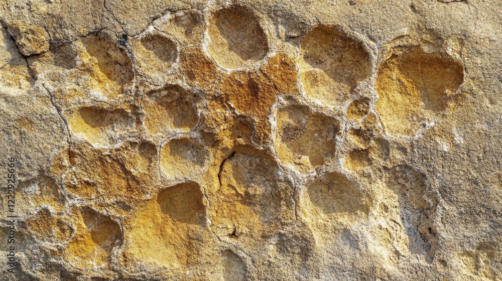 Poster Close up of a textured weathered concrete wall displaying pockmarked surfaces ideal for design projects or editorial use with text space