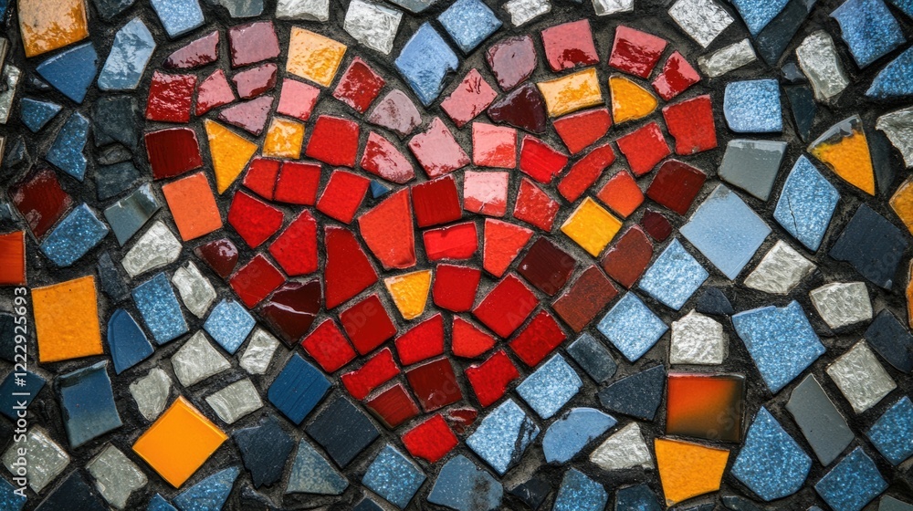 Poster Heart shaped mosaic artwork with colorful tiles and empty space for text on a textured background for artistic and decorative design purposes