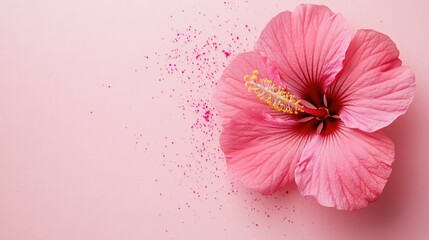 Hibiscus flower close up on soft pink background with decorative specks and ample space for custom text or messaging.