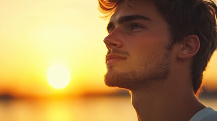 Thoughtful young man in profile during sunset with serene expression and ample empty space for inspirational text or messages