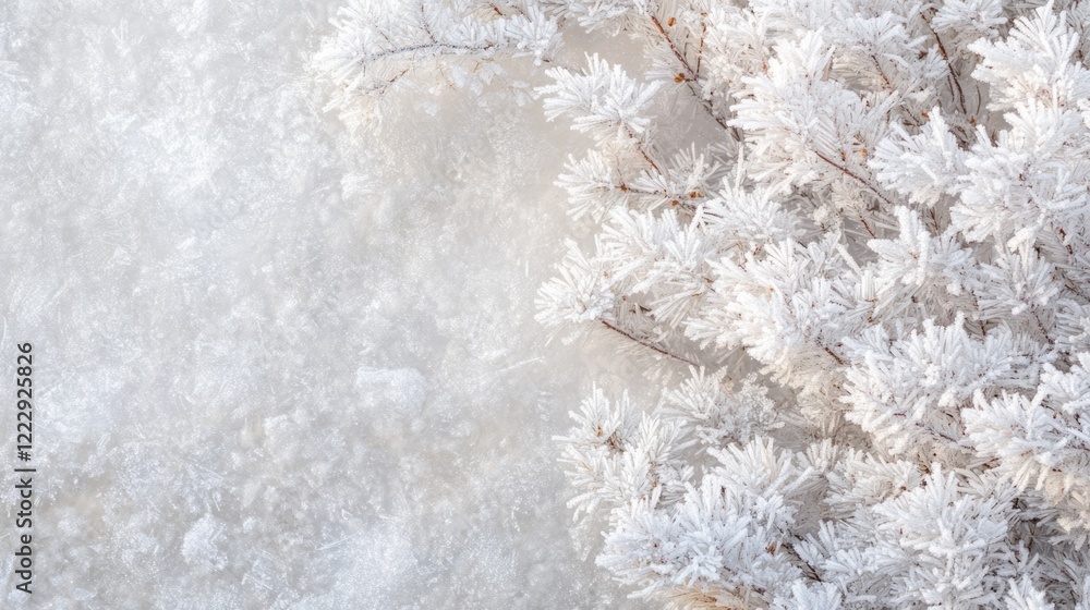 Poster Frosted tree branches adorned with intricate ice crystals creating a serene winter background with ample copy space for seasonal text.
