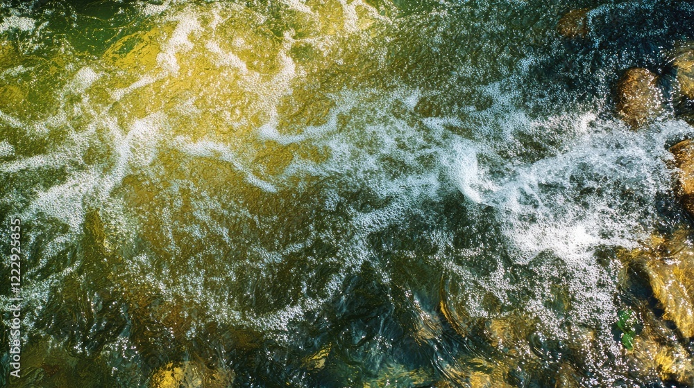 Poster close up view of flowing river water over stones in lush green forest with space for text and nature