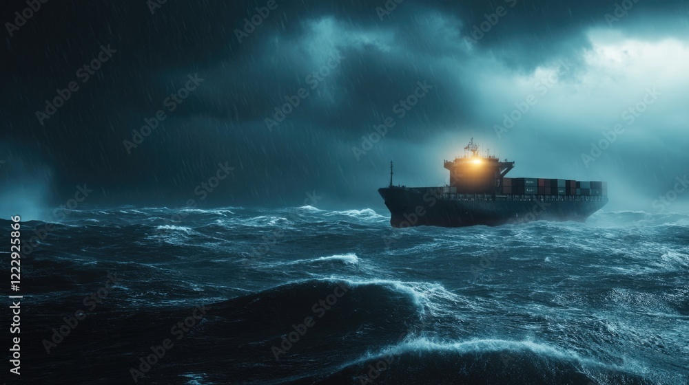 Poster container ship braving turbulent ocean waves under dramatic storm clouds with ample space for adding