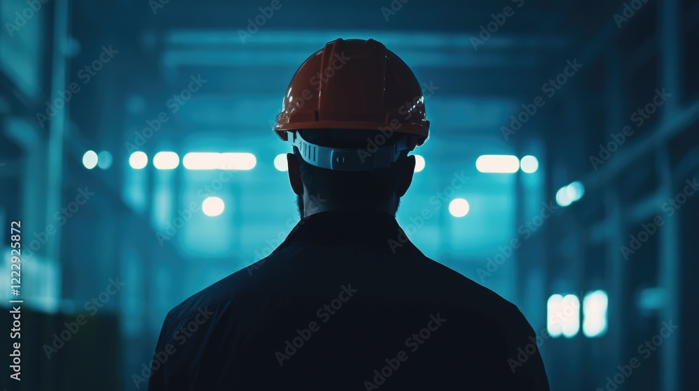 Poster construction worker in hardhat observing industrial site with illuminated background and ample empty