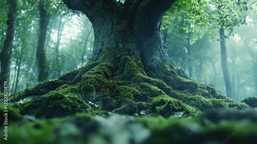 Aufkleber Close up of a moss-covered tree trunk with roots in a misty forest creating an inviting atmosphere for text overlay or design elements