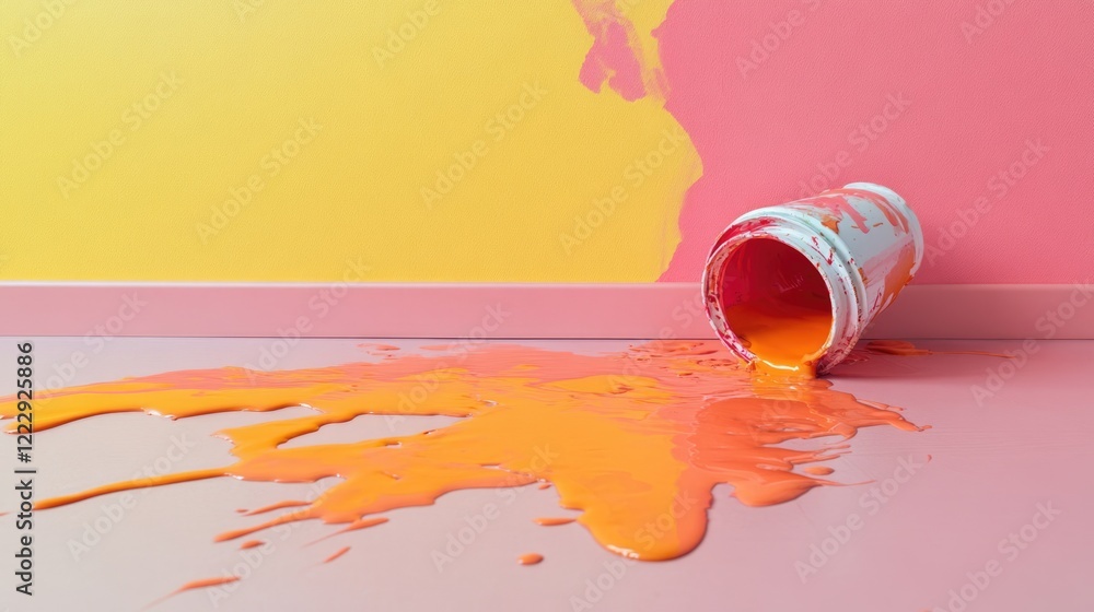 Poster Spilled orange paint on a colorful floor with empty space for text showcasing creativity and artistic expression in interior design