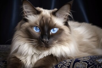 Balinese Cat Portrait. Apple-Headed Chocolate Cat with Sapphire Blue Eyes and Long Hair