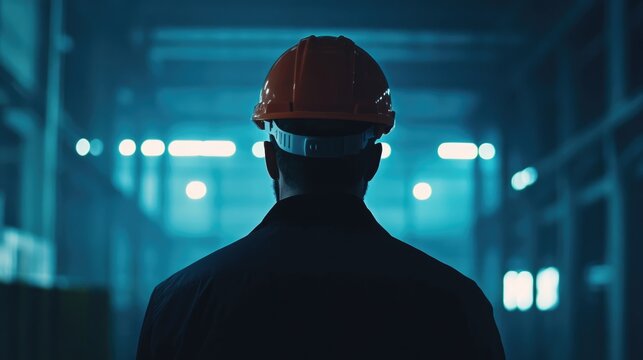 Construction worker in hardhat observing industrial site with illuminated background and ample empty space for text or branding purposes