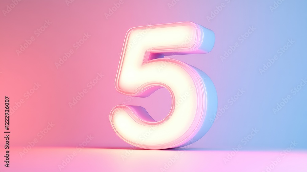 Fototapete Glowing number 5 illuminated against a pastel background with ample space for text overlay in a modern design concept.