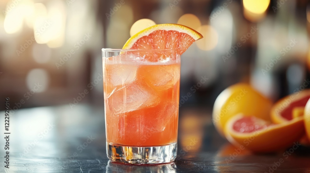 Aufkleber Close up of a refreshing glass of citrus juice garnished with grapefruit slice on a table with vibrant bokeh background and copy space