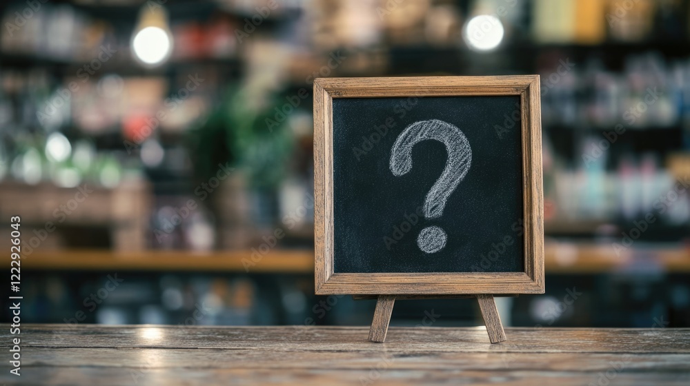 Poster rustic chalkboard sign with question mark for confusion in store setting with empty space for custom