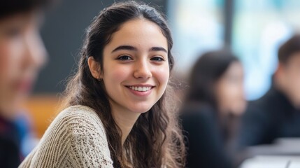 Young teacher smiling and engaging with students in a vibrant classroom atmosphere with ample space for text inclusion.