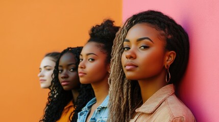 Obraz premium Diverse Women of Color Standing in Unity Highlighting Collaboration and Empowerment with Copy Space for Text