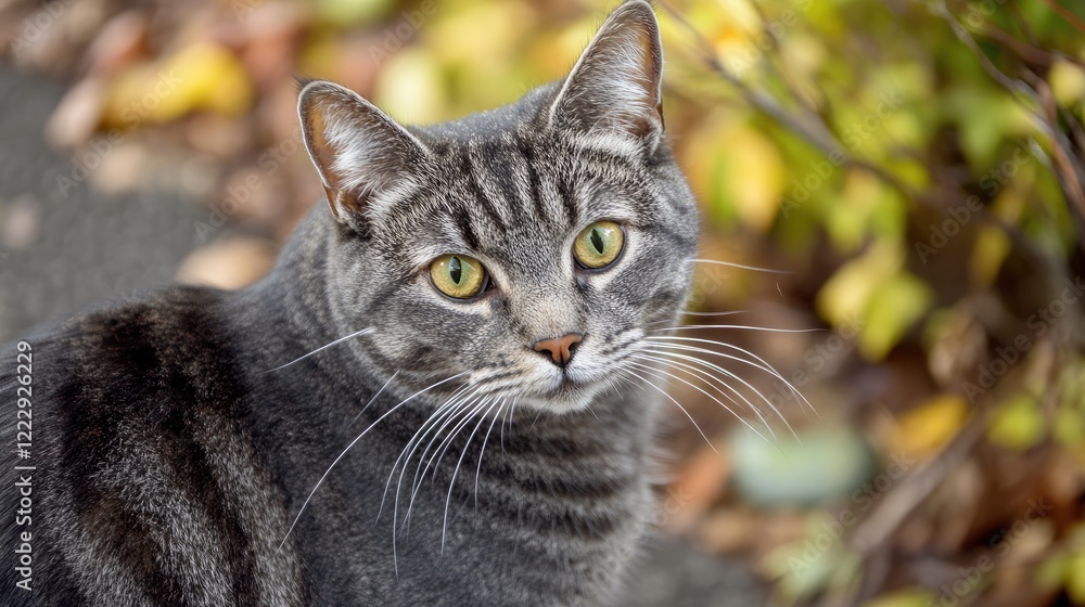 Poster Close up of a gray tabby cat with striking green eyes against a blurred background showcasing autumn foliage and empty copy space for text