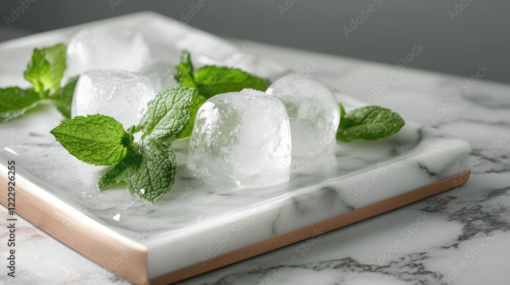 Poster close up of ice cubes and fresh mint leaves on a marble tray with copy space for mocktail or beverag
