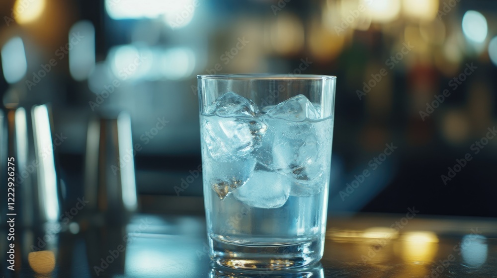 Poster Close up of a glass filled with ice on a bar counter featuring blurred background with empty space for promotional text or branding