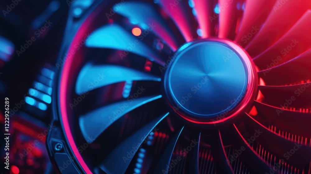 Fototapete close up of led illuminated computer cooling fan showcasing vibrant colors with space for text overl