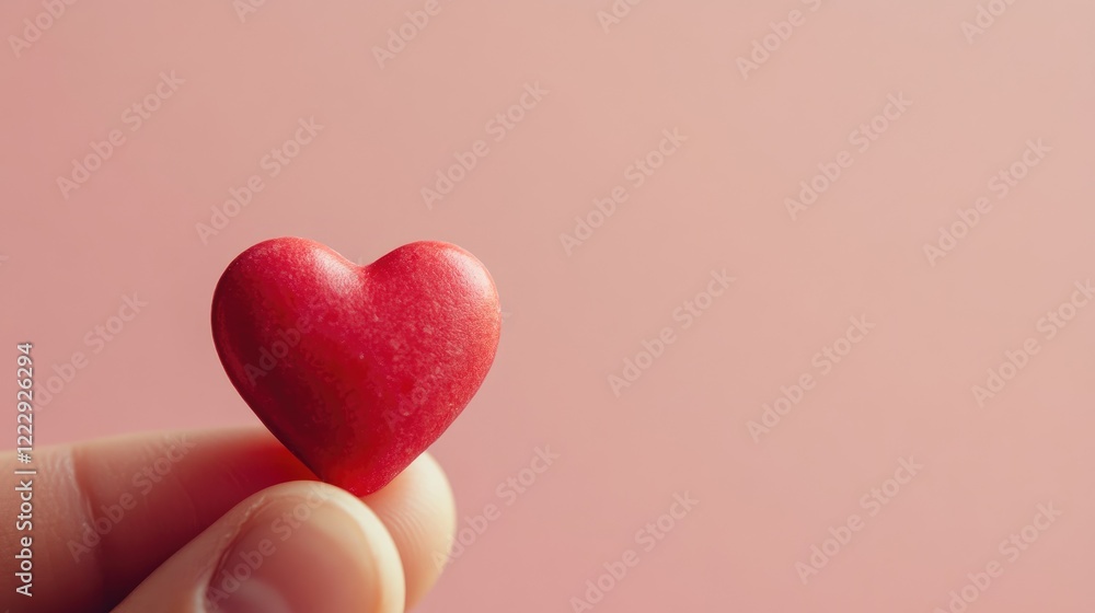 Poster hand holding a heart shaped pill on a soft pink background with ample space for text and creative de