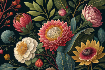 Vibrant floral bouquet with proteas, dahlias, and other blossoms on dark background.
