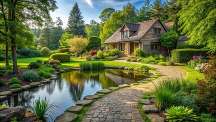 A serene private house with a lush garden in the countryside surrounded by tall trees and a meandering stone path leading to a tranquil pond , rural home, tranquility