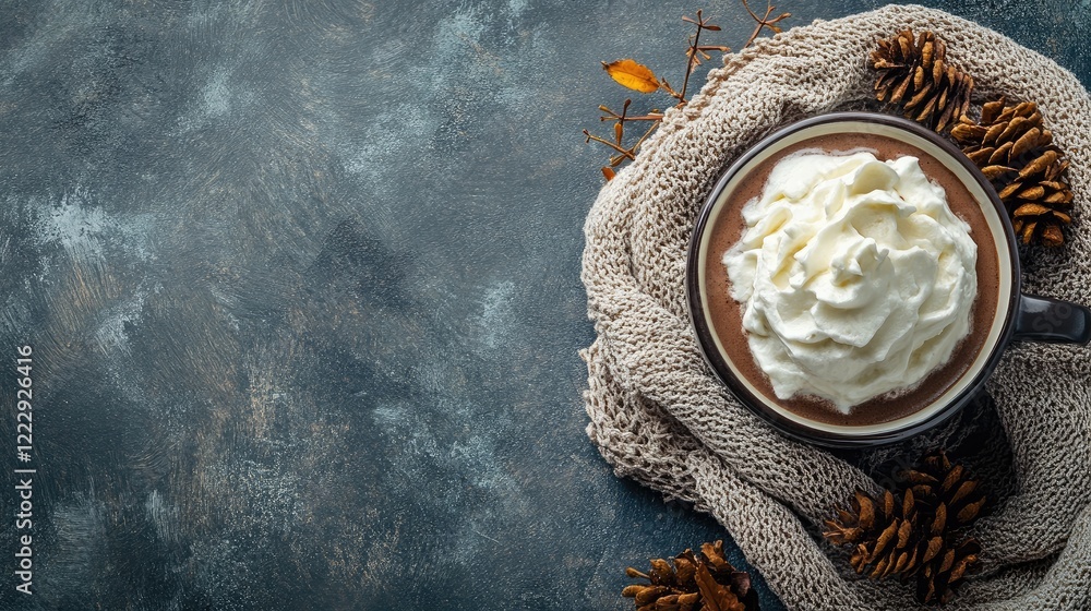 Poster cozy cup of hot chocolate topped with whipped cream framed by pine cones and autumn leaves on textur