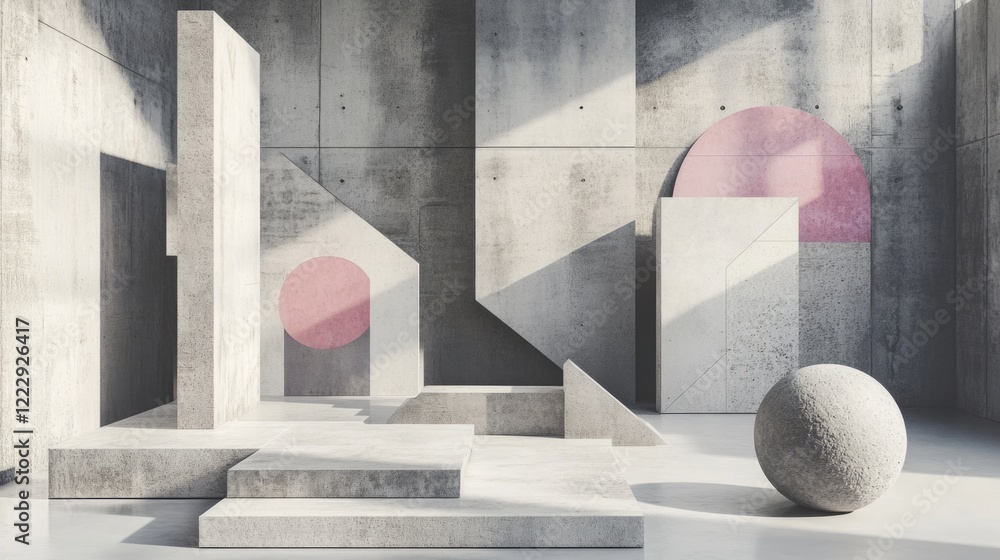 Poster minimalistic concrete room featuring artwork and geometric shapes with ample copy space for text dis