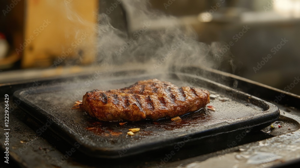 Poster Sizzling grilled steak on an iron griddle with steam and empty space for text in a rustic kitchen setting