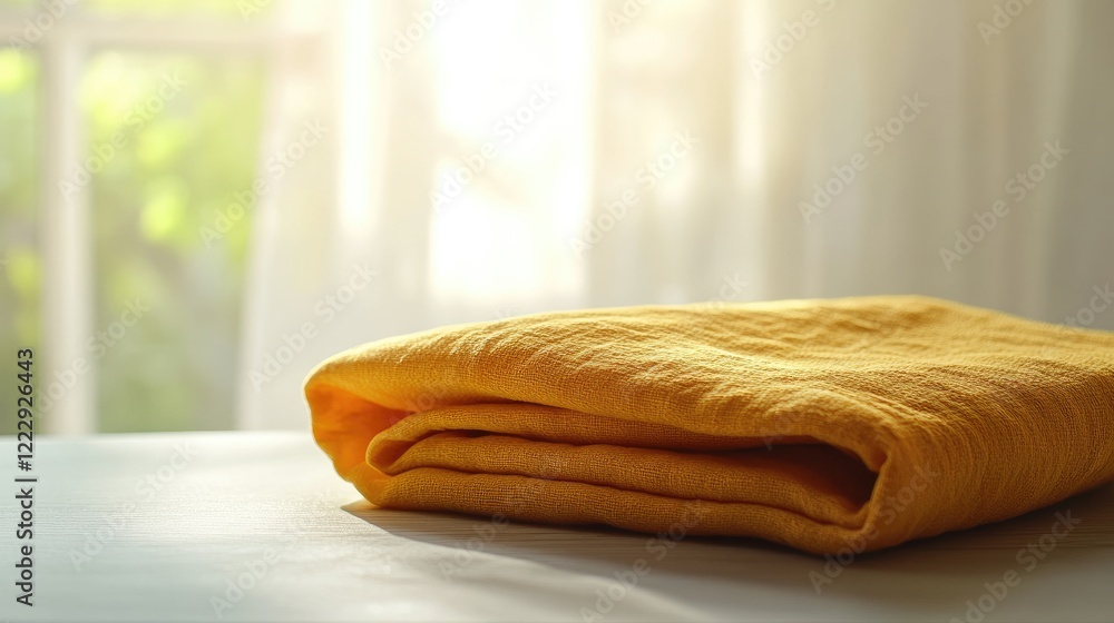Poster Close up of a neatly folded yellow towel on a table in a sunlit room with ample empty space for text and design elements