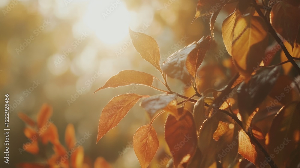 Poster close up of warm autumn leaves illuminated by sunlight creating a serene natural background with spa