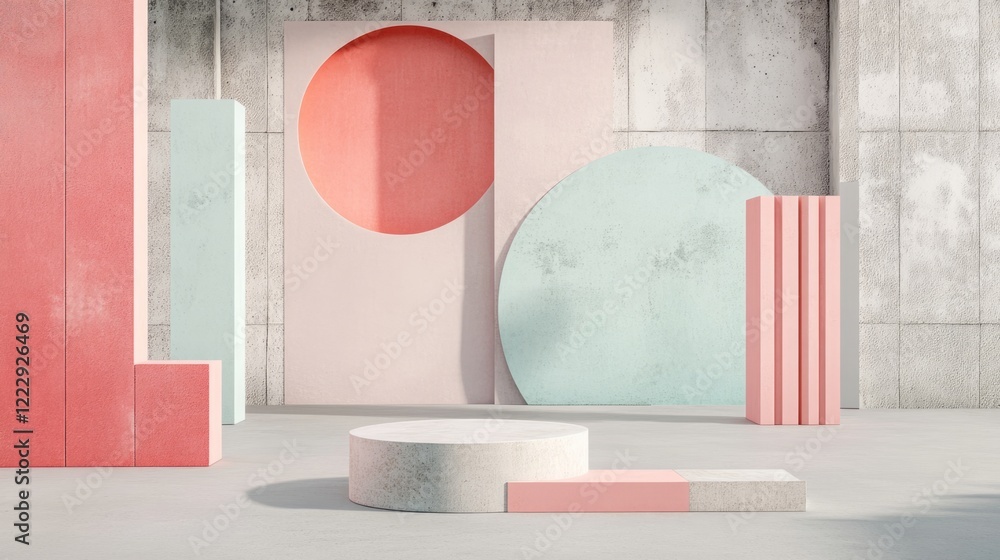Poster modern concrete space featuring abstract artwork and geometric shapes with ample copy space for crea