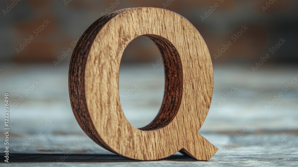 Poster Wooden letter Q cutout on a textured background with ample empty space for text or branding elements in creative designs