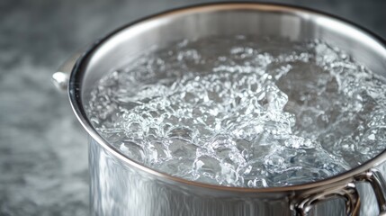 Close up of boiling water in a silver metal kettle saucepan highlighting kitchen utensils with ample space for text and design elements