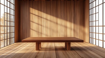 Modern conference room interior featuring a wooden table and expansive glass windows with ample copy space for branding or text.