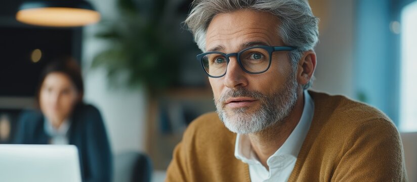 Focused professional man in glasses leading video conference in modern office while discussing teamwork with colleagues and empty space for text