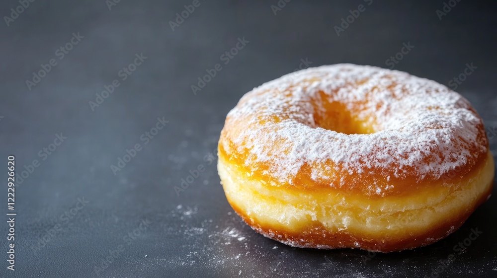 Aufkleber Freshly glazed donut dusted with powdered sugar on dark background ideal for breakfast or dessert ads with ample space for text inclusion