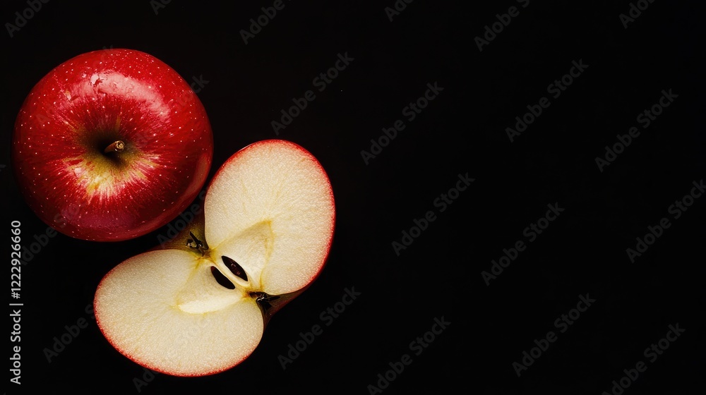 Poster fresh red apple sliced in half against a black background with ample copy space for text and creativ