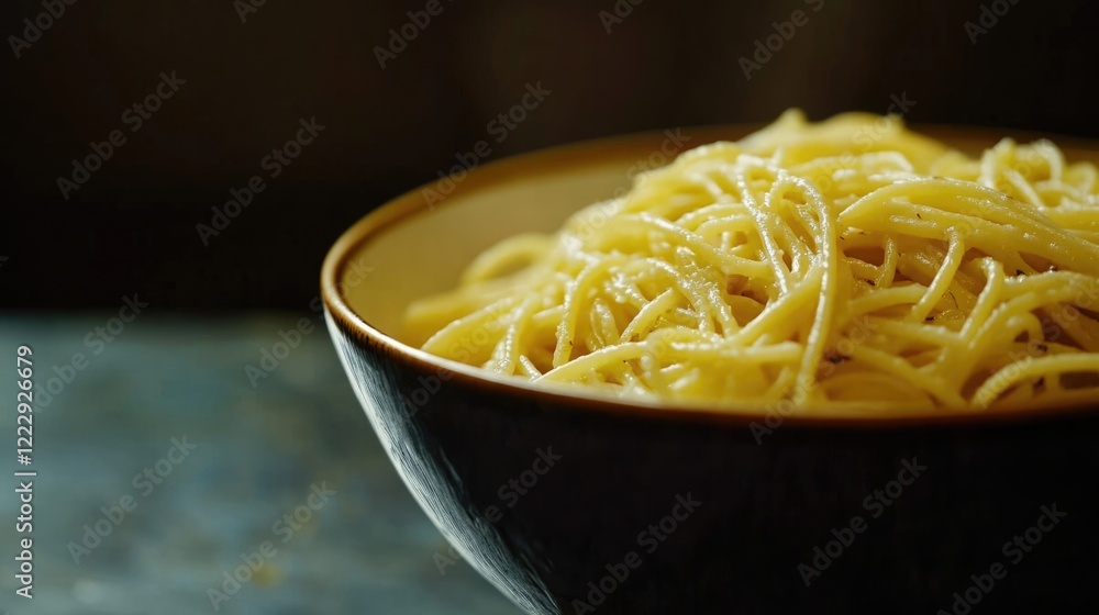 Poster close up of delicious spaghetti carbonara in a bowl with ample empty space for text and branding on 